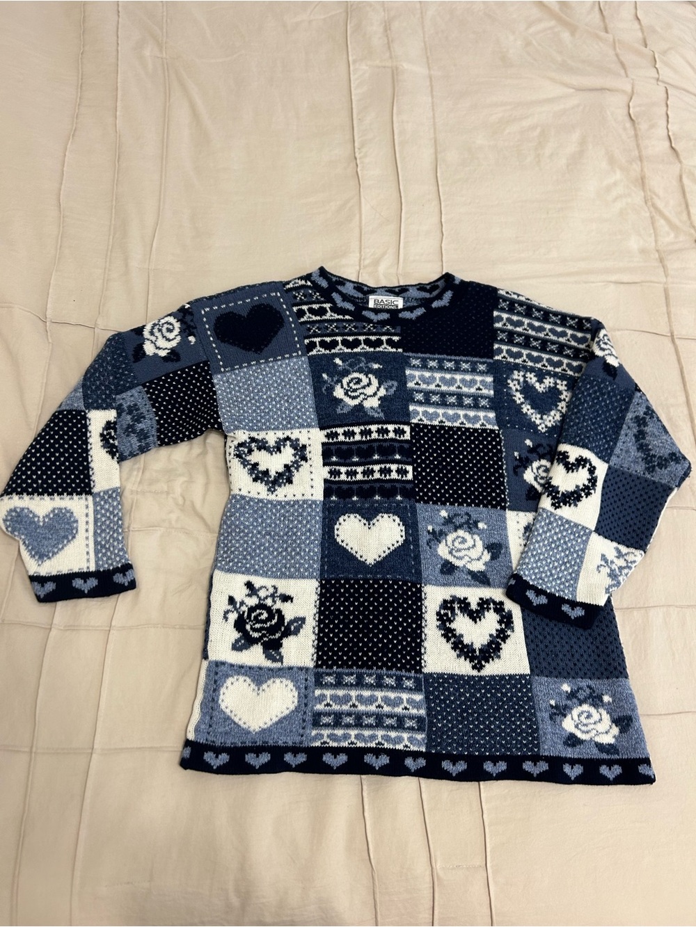 Basic Editions - Blue & White Patchwork Heart and Rose Vintage Sweater
